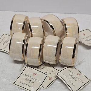 Laura Ashley Napkin Rings Holder Set Of 8 Cream Iridescent Ceramic Gold Trim NWT